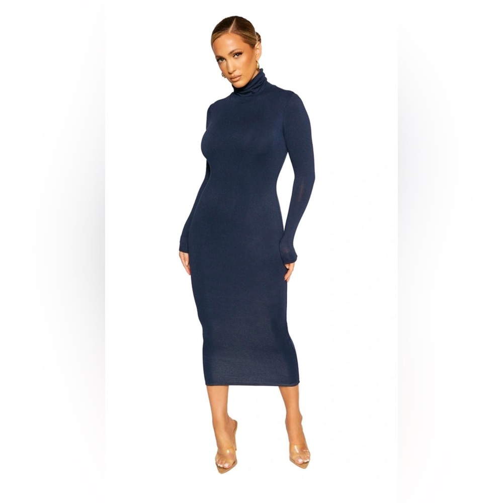 NAKED WARDROBE NAVY NW TURTLENECK MIDI DRESS